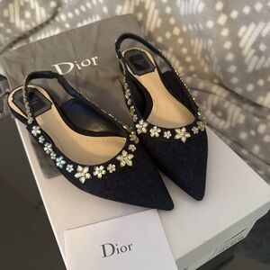 Christian Dior Garland Denim Slingback Flats – New With Tags